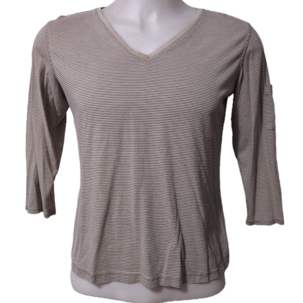 Chico's‎ V-Neck Top Size 2 Womens Norm Core Tan Black Stripe 3/4 Sleeve Basic L